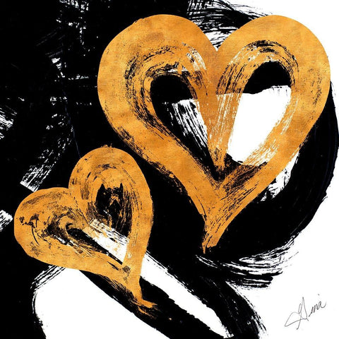 Black And Gold Heart Strokes II Black Modern Wood Framed Art Print with Double Matting by Ritter, Gina