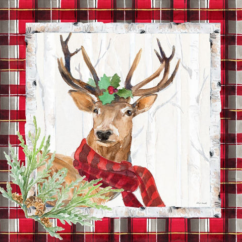 Holiday Deer on Plaid Square I Black Ornate Wood Framed Art Print with Double Matting by Loreth, Lanie