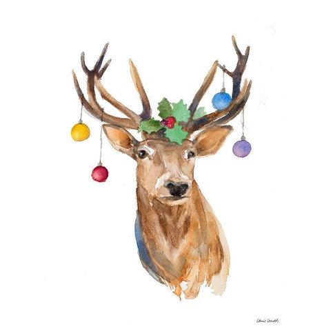 Deer with Holly and Ornaments White Modern Wood Framed Art Print by Loreth, Lanie