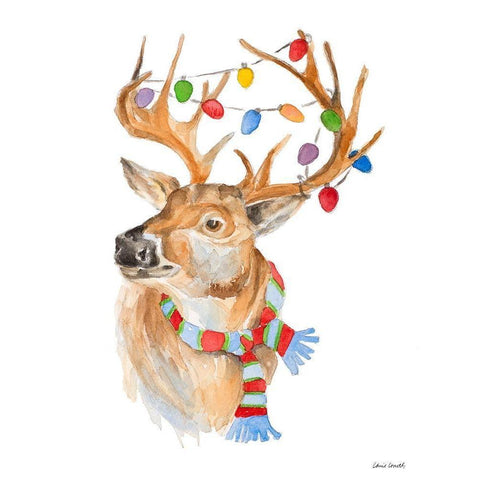 Deer with Lights and Scarf White Modern Wood Framed Art Print by Loreth, Lanie