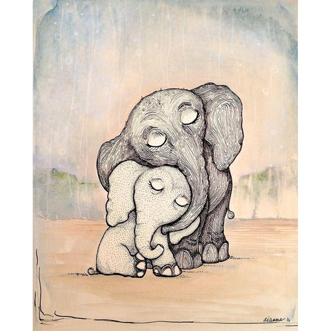 Whimsical Mom and Baby Elephant White Modern Wood Framed Art Print by Diannart