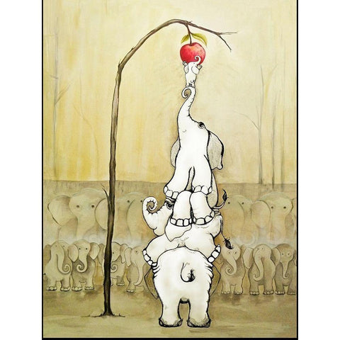 Whimsical Elephants with Red Apple White Modern Wood Framed Art Print by Diannart