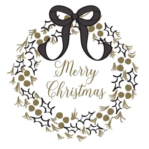 Merry Christmas Wreath Black Modern Wood Framed Art Print with Double Matting by Metz, Andi