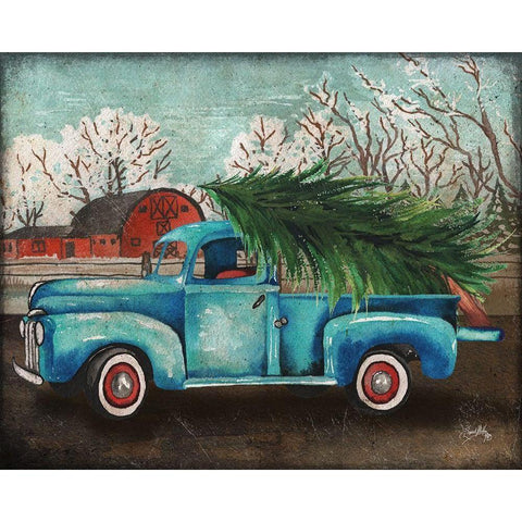 Blue Truck and Tree I Black Modern Wood Framed Art Print with Double Matting by Medley, Elizabeth