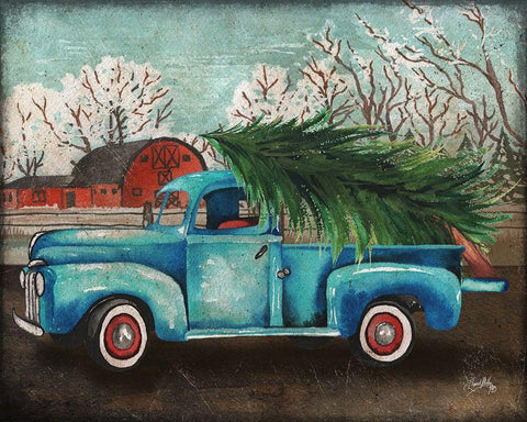 Blue Truck and Tree I White Modern Wood Framed Art Print with Double Matting by Medley, Elizabeth