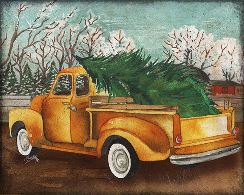 Yellow Truck and Tree III White Modern Wood Framed Art Print with Double Matting by Medley, Elizabeth