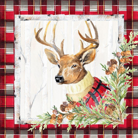 Holiday Deer on Plaid Square II Gold Ornate Wood Framed Art Print with Double Matting by Loreth, Lanie