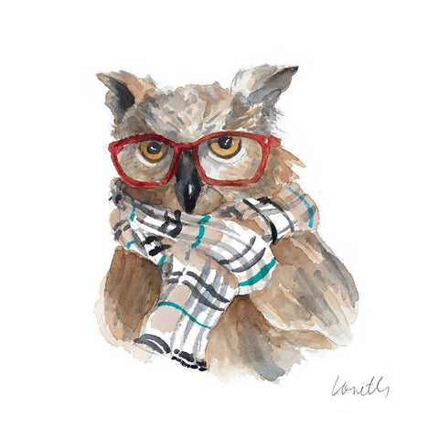 Owl in Scarf and Glasses Black Ornate Wood Framed Art Print with Double Matting by Loreth, Lanie