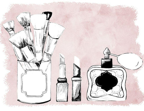 Makeup Set on Blush Black Ornate Wood Framed Art Print with Double Matting by Ritter, Gina