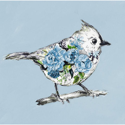 The Blue Floral Bird II Gold Ornate Wood Framed Art Print with Double Matting by Pinto, Patricia