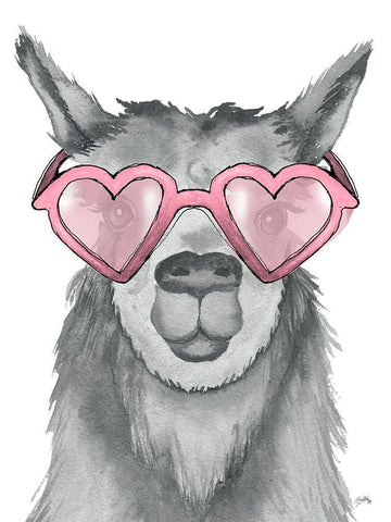 Llama With Pink Shades Black Ornate Wood Framed Art Print with Double Matting by Medley, Elizabeth