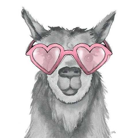 Llama With Pink Shades Black Modern Wood Framed Art Print with Double Matting by Medley, Elizabeth