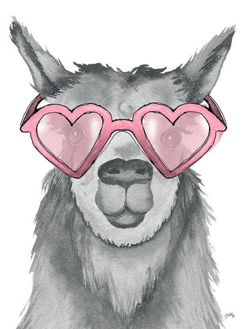 Llama With Pink Shades White Modern Wood Framed Art Print with Double Matting by Medley, Elizabeth