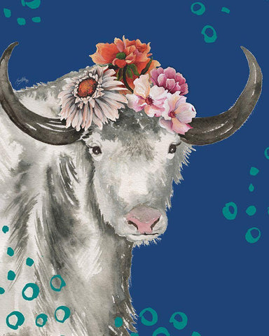 Floral Yak on Blue Black Ornate Wood Framed Art Print with Double Matting by Medley, Elizabeth