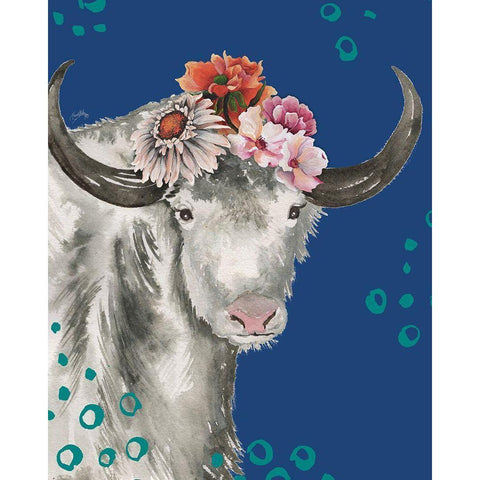 Floral Yak on Blue Gold Ornate Wood Framed Art Print with Double Matting by Medley, Elizabeth