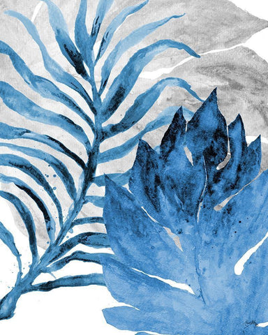 Blue Fern and Leaf I White Modern Wood Framed Art Print with Double Matting by Medley, Elizabeth