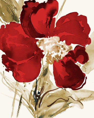 Bright Red Bloom II White Modern Wood Framed Art Print with Double Matting by Loreth, Lanie