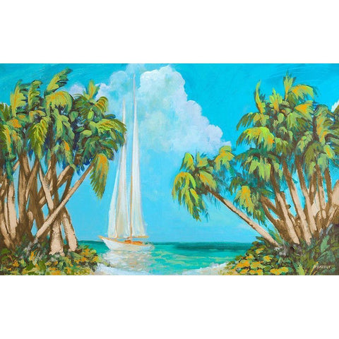 Sailboat among Palms Black Modern Wood Framed Art Print with Double Matting by Meneely, Dan