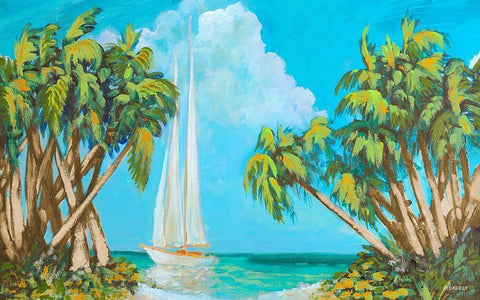 Sailboat among Palms White Modern Wood Framed Art Print with Double Matting by Meneely, Dan