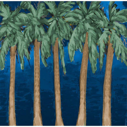 Stately Palms On Blue Gold Ornate Wood Framed Art Print with Double Matting by Meneely, Dan