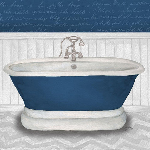 Deep Blue Nautical Bath I White Modern Wood Framed Art Print with Double Matting by Medley, Elizabeth
