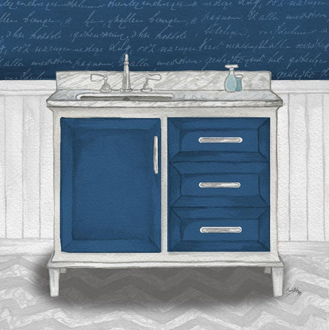 Deep Blue Nautical Bath II White Modern Wood Framed Art Print with Double Matting by Medley, Elizabeth