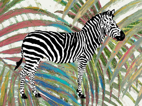 Zebra on Multicolored Leaves White Modern Wood Framed Art Print with Double Matting by Pinto, Patricia