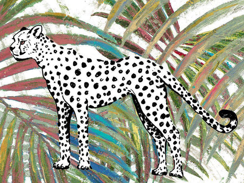 Cheetah on Multicolored Leaves White Modern Wood Framed Art Print with Double Matting by Pinto, Patricia