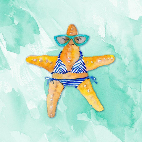 Blue Bikini Starfish on Watercolor White Modern Wood Framed Art Print by Loreth, Lanie