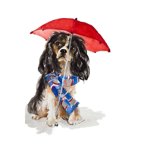 King Charles Spaniel In The Rain White Modern Wood Framed Art Print by Loreth, Lanie