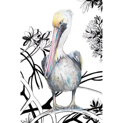Pelican on Branch I White Modern Wood Framed Art Print by Pinto, Patricia
