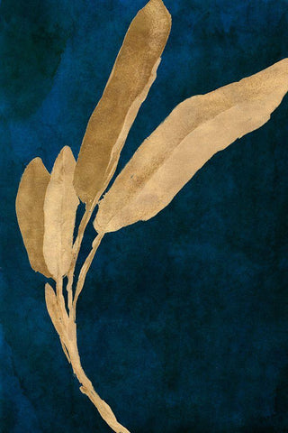 Gold Leaves on Navy III Black Ornate Wood Framed Art Print with Double Matting by Loreth, Lanie
