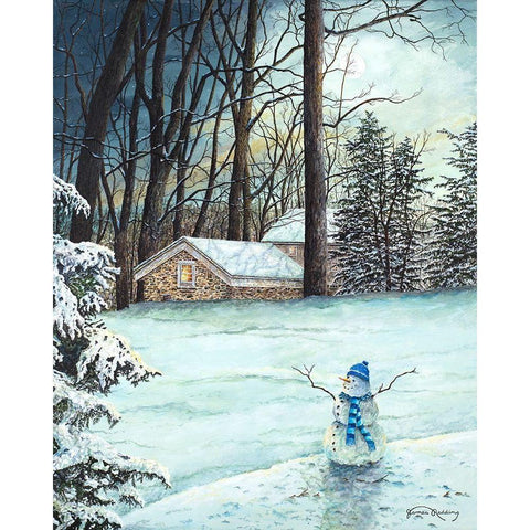 Snowman in Moonlight Gold Ornate Wood Framed Art Print with Double Matting by Redding, James
