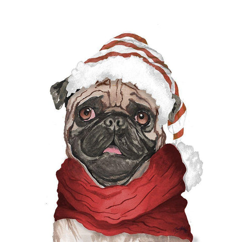 Holiday Pug White Modern Wood Framed Art Print with Double Matting by Medley, Elizabeth