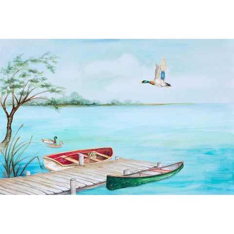 Fishing Dock With Mallards White Modern Wood Framed Art Print by Gaynor, Janice