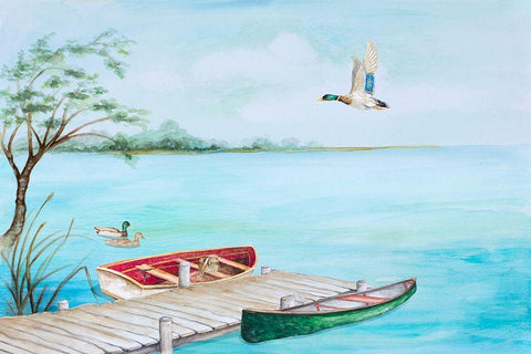 Fishing Dock With Mallards Black Ornate Wood Framed Art Print with Double Matting by Gaynor, Janice