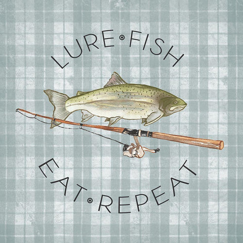 Lure Fish Eat Repeat Black Ornate Wood Framed Art Print with Double Matting by Medley, Elizabeth