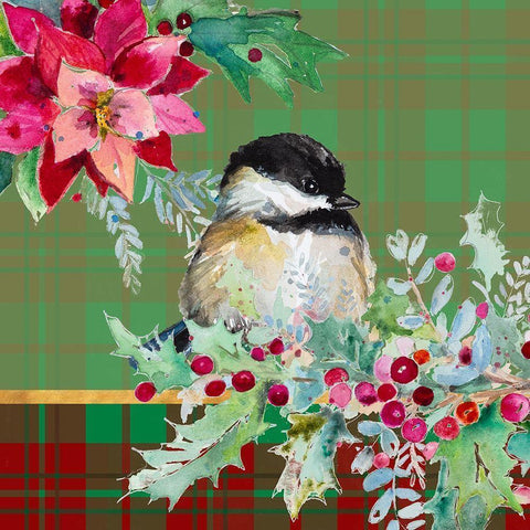 Holiday Poinsettia and Cardinal on Plaid II Gold Ornate Wood Framed Art Print with Double Matting by Pinto, Patricia