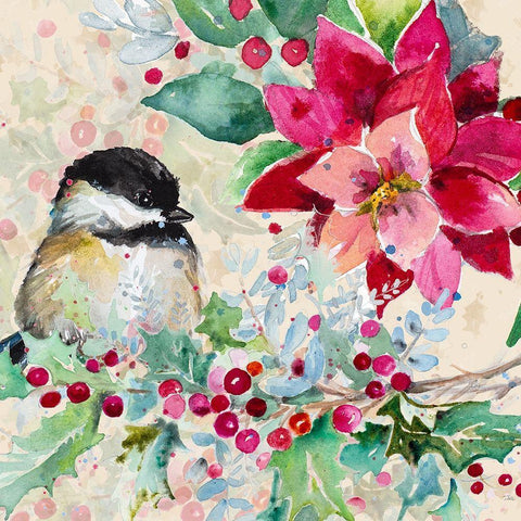 Holiday Poinsettia and Cardinal II White Modern Wood Framed Art Print with Double Matting by Pinto, Patricia