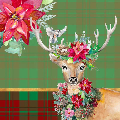 Holiday Reindeer on Plaid II White Modern Wood Framed Art Print with Double Matting by Pinto, Patricia