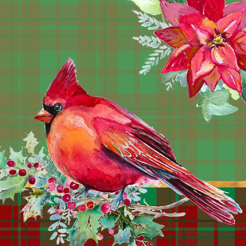 Holiday Poinsettia and Cardinal on Plaid I Black Ornate Wood Framed Art Print with Double Matting by Pinto, Patricia