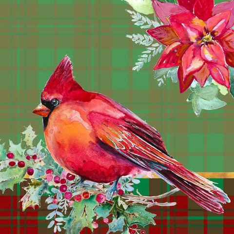 Holiday Poinsettia and Cardinal on Plaid I White Modern Wood Framed Art Print by Pinto, Patricia