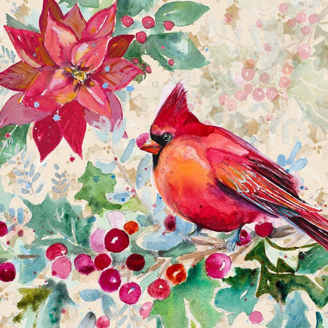 Holiday Poinsettia and Cardinal I Gold Ornate Wood Framed Art Print with Double Matting by Pinto, Patricia