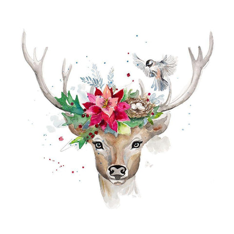 Woodland Deer with Bird White Modern Wood Framed Art Print with Double Matting by Pinto, Patricia