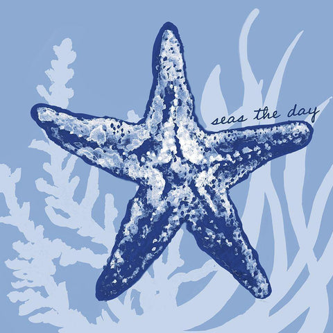Blue on Blue Starfish Gold Ornate Wood Framed Art Print with Double Matting by Gaynor, Janice