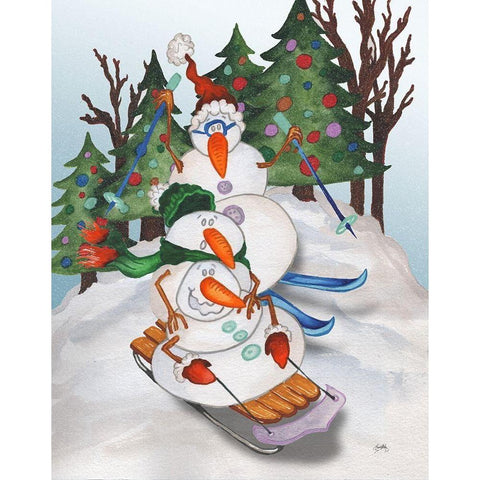 Sledding Snowmen Black Modern Wood Framed Art Print by Medley, Elizabeth