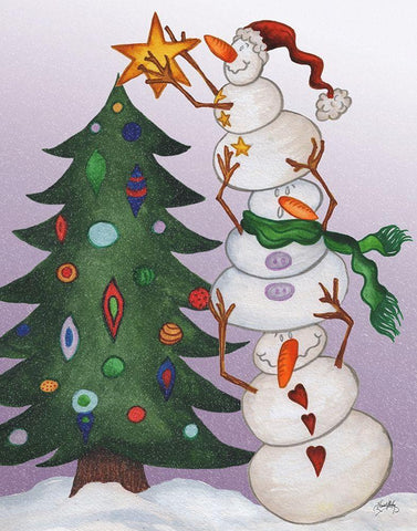 Decorating Snowmen White Modern Wood Framed Art Print with Double Matting by Medley, Elizabeth