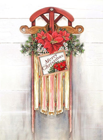 Joyeux Noel Sleigh White Modern Wood Framed Art Print with Double Matting by Diannart