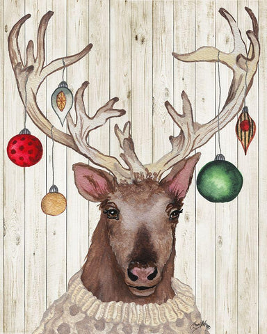 Christmas Reindeer II Black Ornate Wood Framed Art Print with Double Matting by Medley, Elizabeth