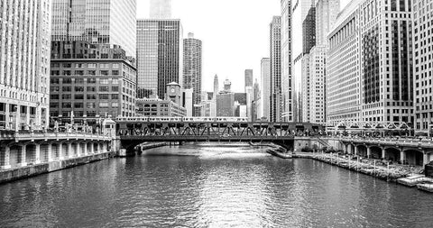 BW Chicago River View White Modern Wood Framed Art Print with Double Matting by Bill Carson Photography